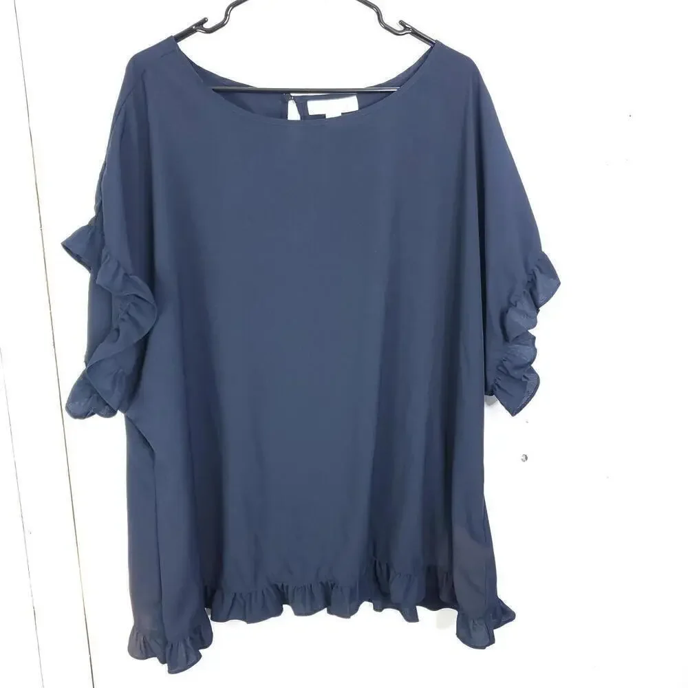 Emmaline Top Womens 3X Boutique Solid Navy Ruffle Sleeve Short Sleeve Office